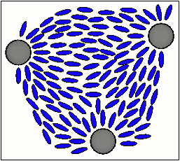 Dispersed particles (grey) immersed in a nematic liquid crystal (blue) with
    homeotropic anchoring. The orientation of the nematic director present a defect at the middle
    of the figure.